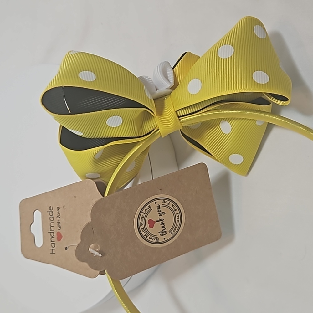 Hand Crafted Handmade Bow Hairband Yellow white polka-dot black contrast ribbon - Picture 17 of 17